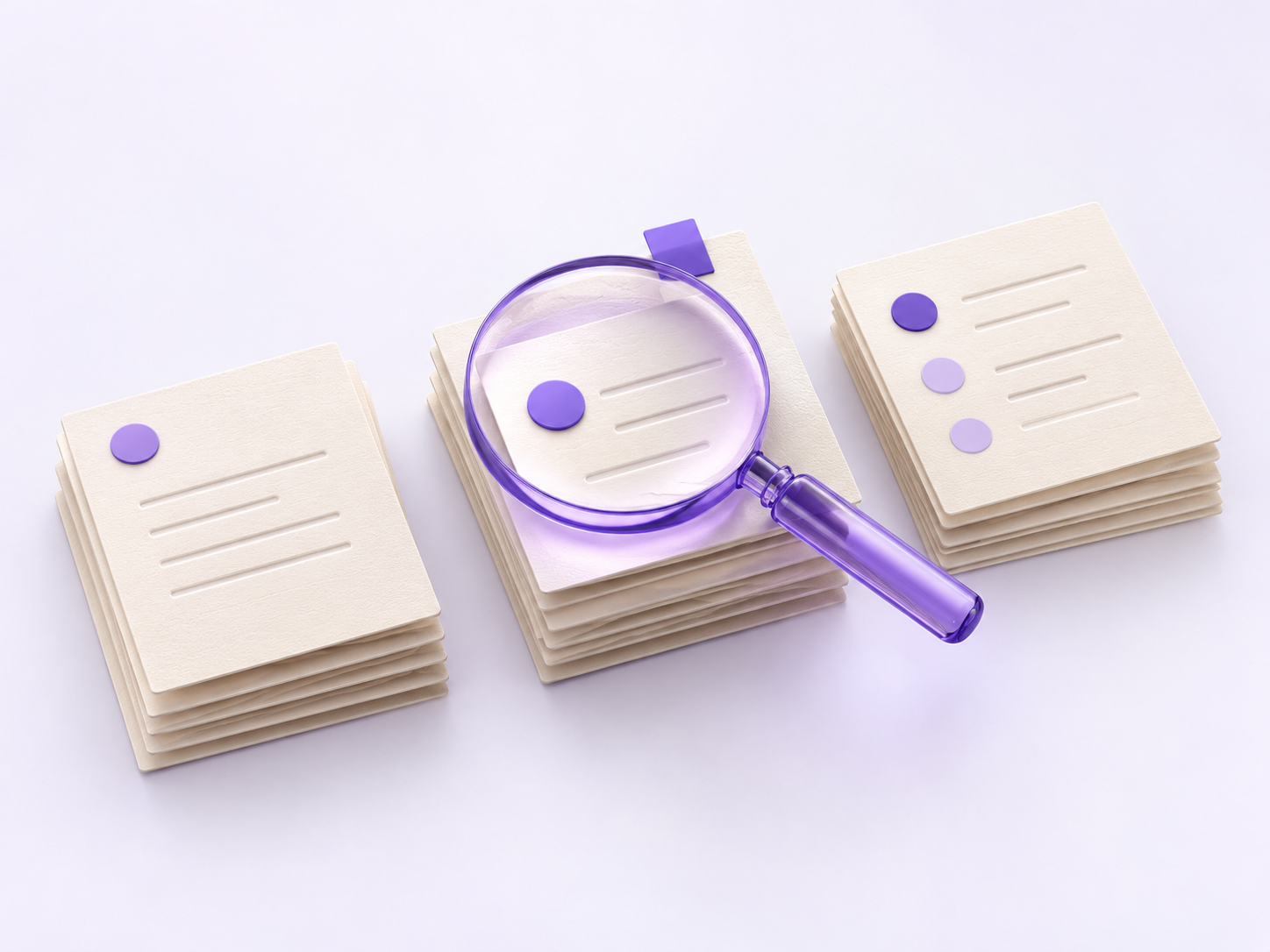 Une loupe en verre violet met en lumière des fiches de sujets sur un fond papier crème.
